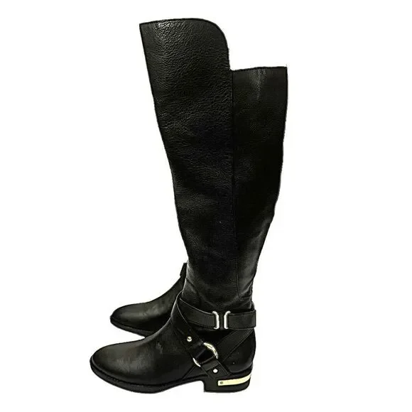 Vince Camuto Knee-High Black Leather Boots Gold Hardware Size 5M Zip - Picture 9 of 10